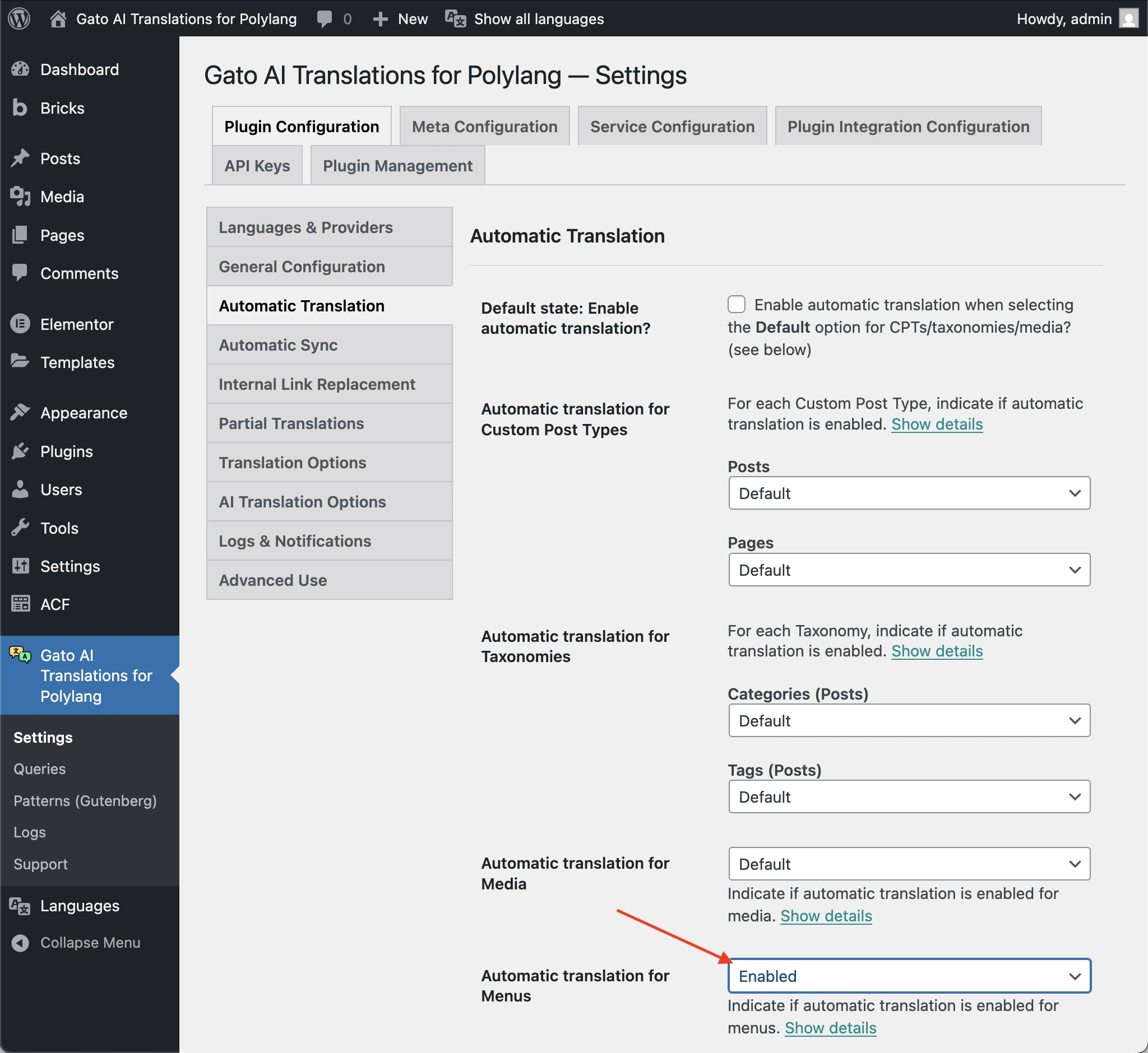 Enabling automatic translation for menus