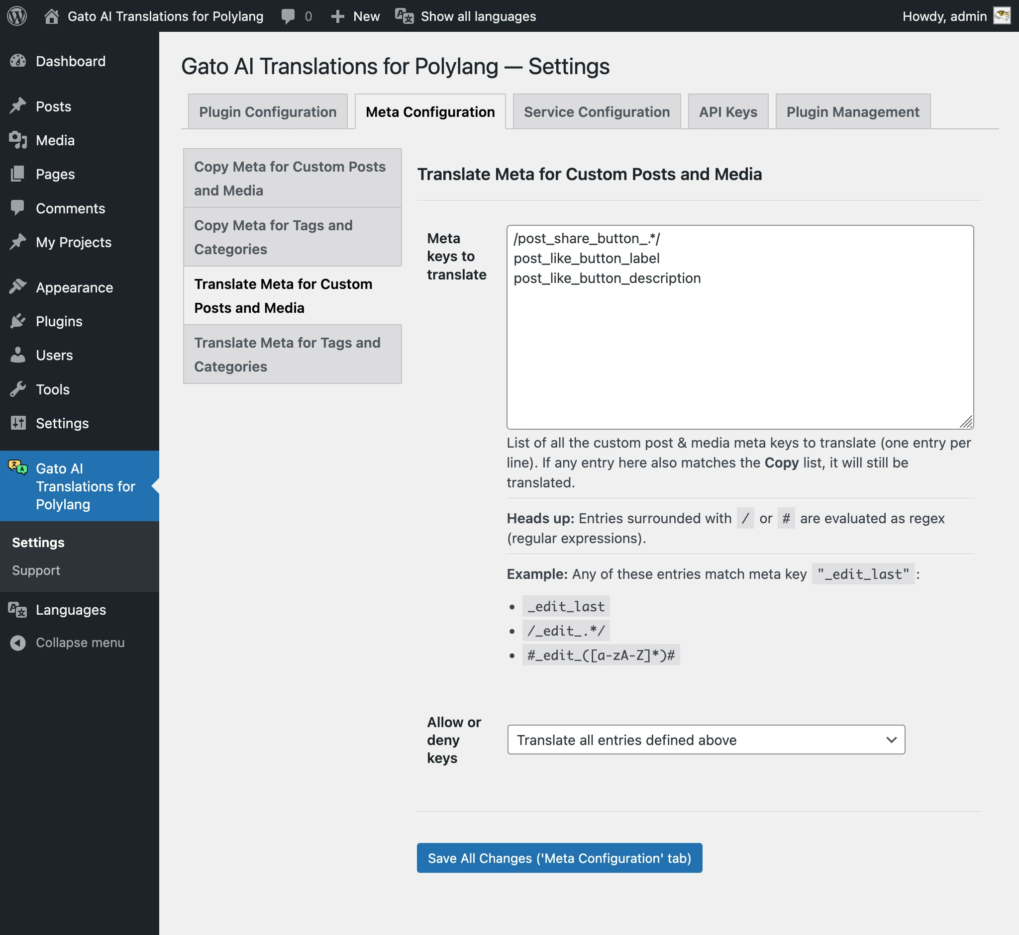 Configuring the meta keys for translation