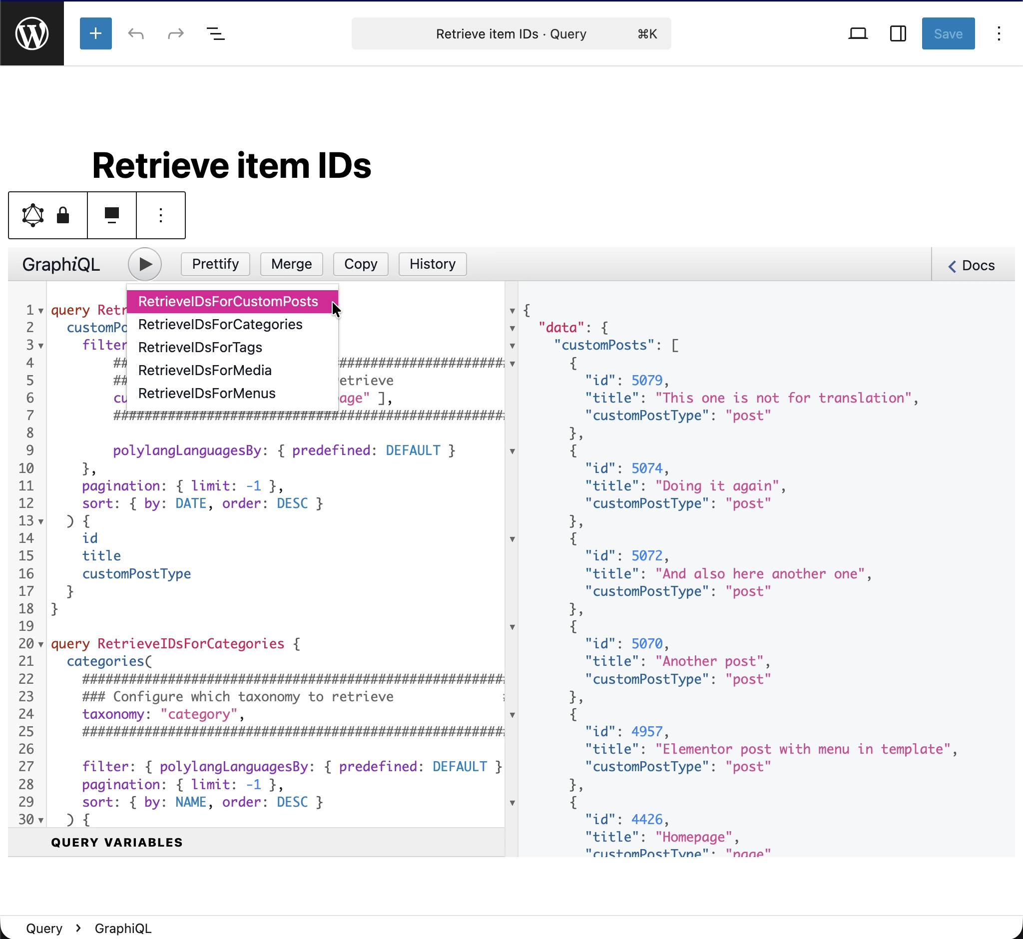 Executing the 'Retrieve item IDs' query