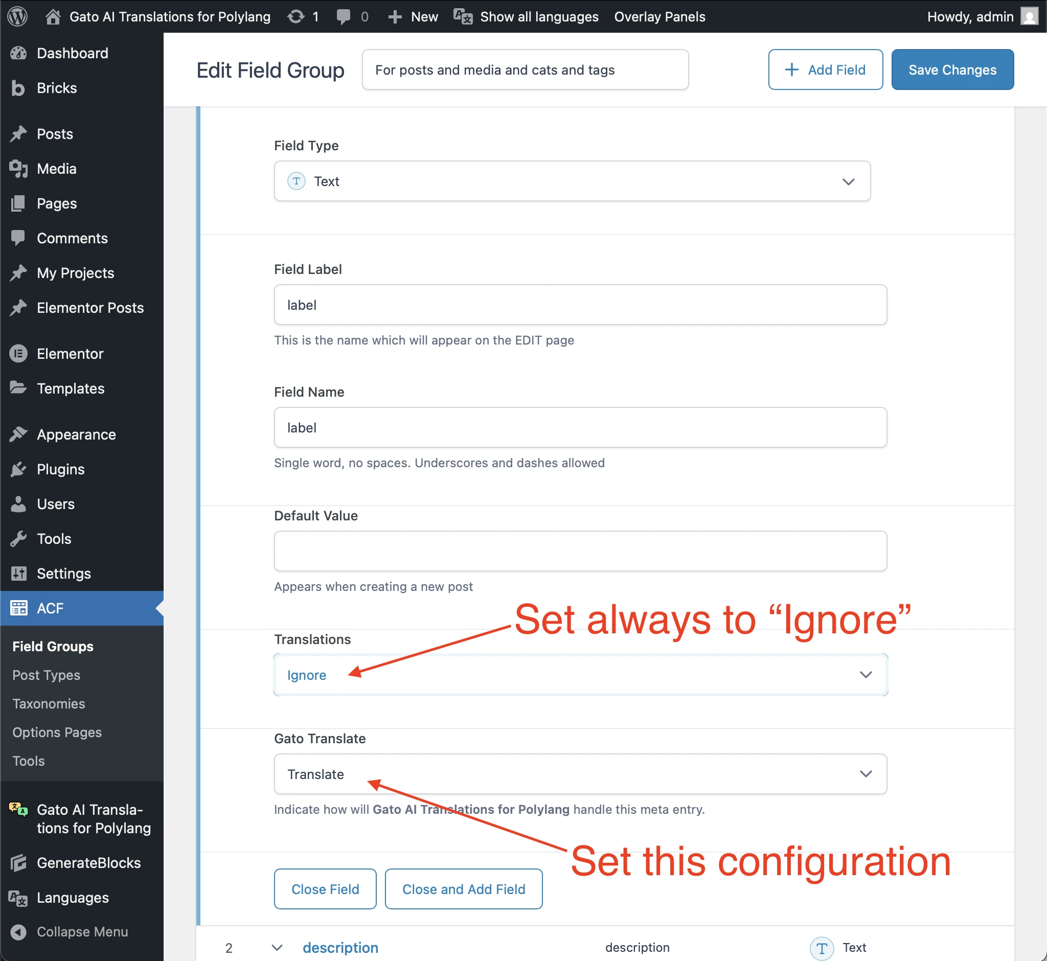 Disable Polylang from translating ACF fields, use Gato Translate instead