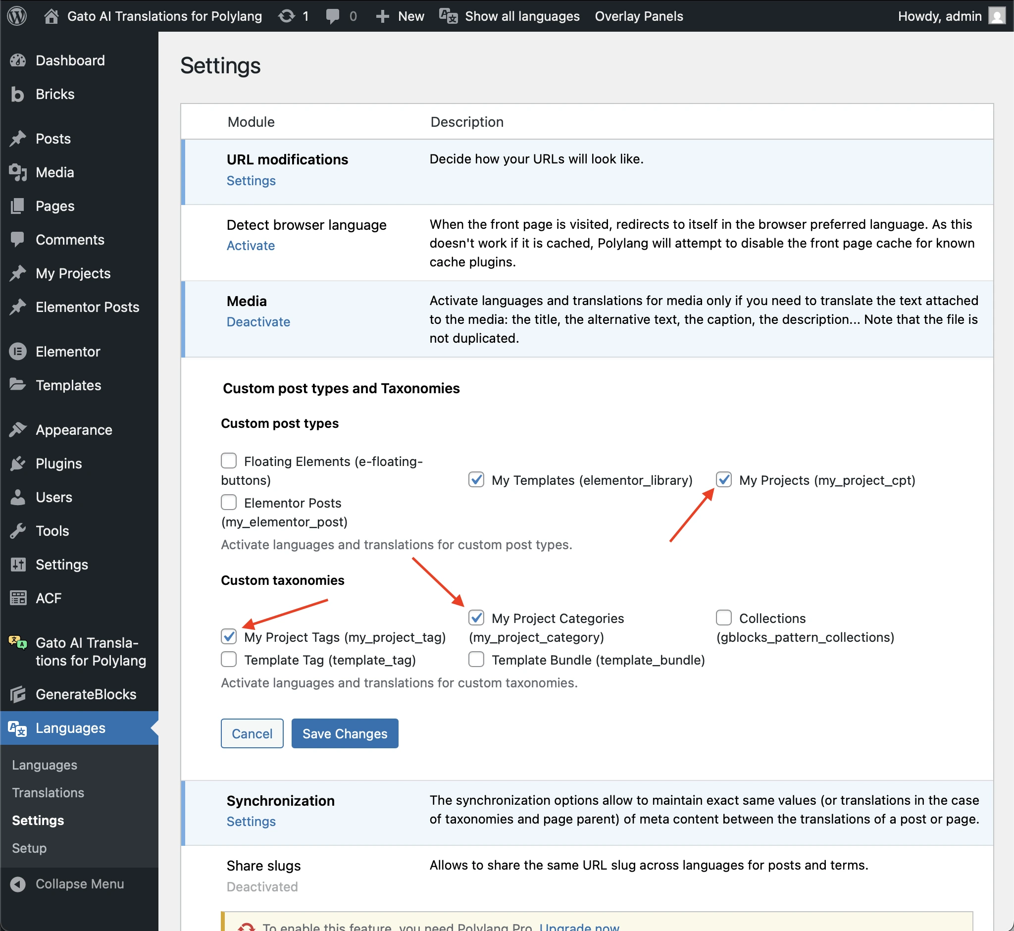 Configure CPTs and taxonomies to translate