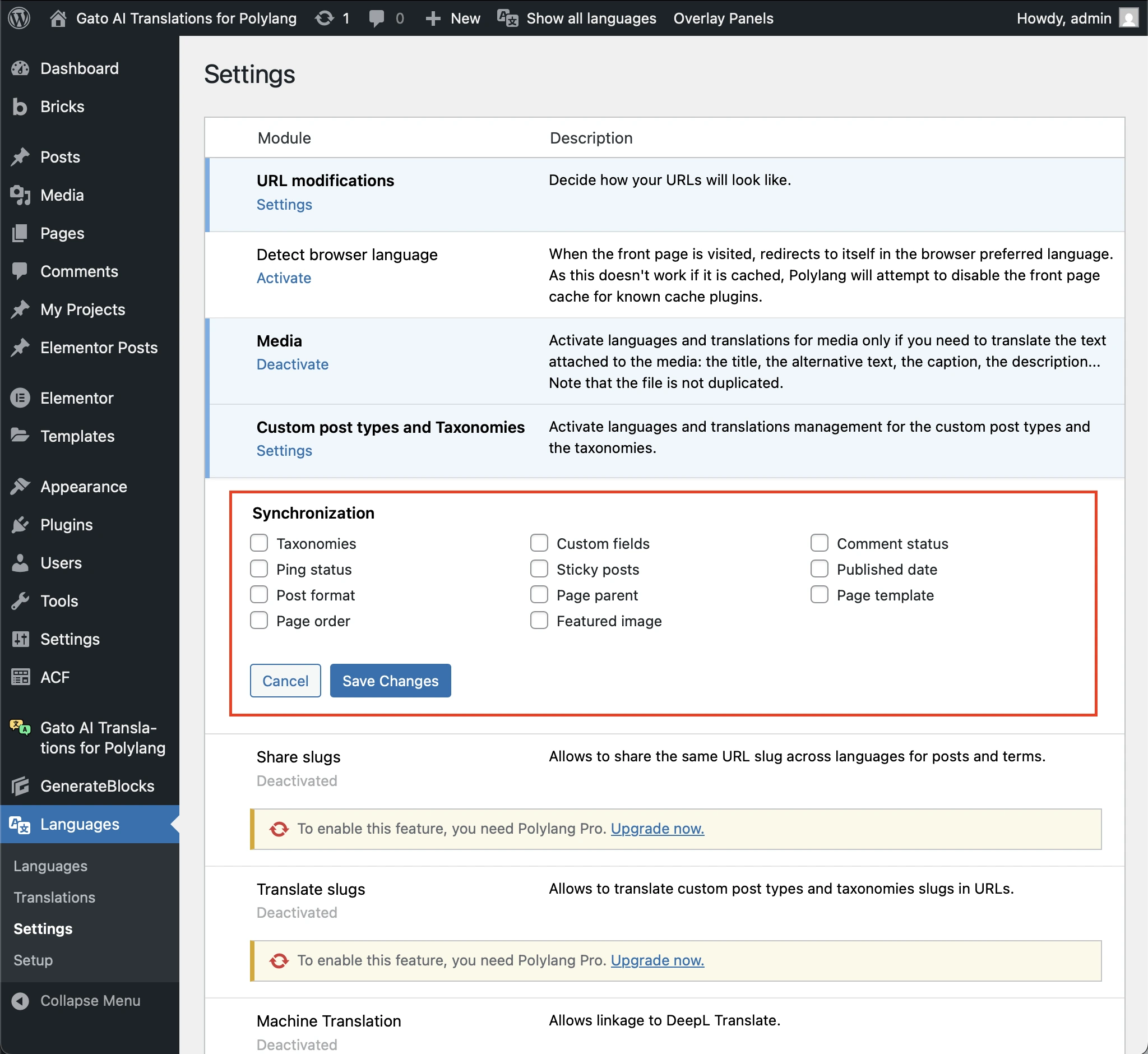 Remove Polylang synchronization for all options