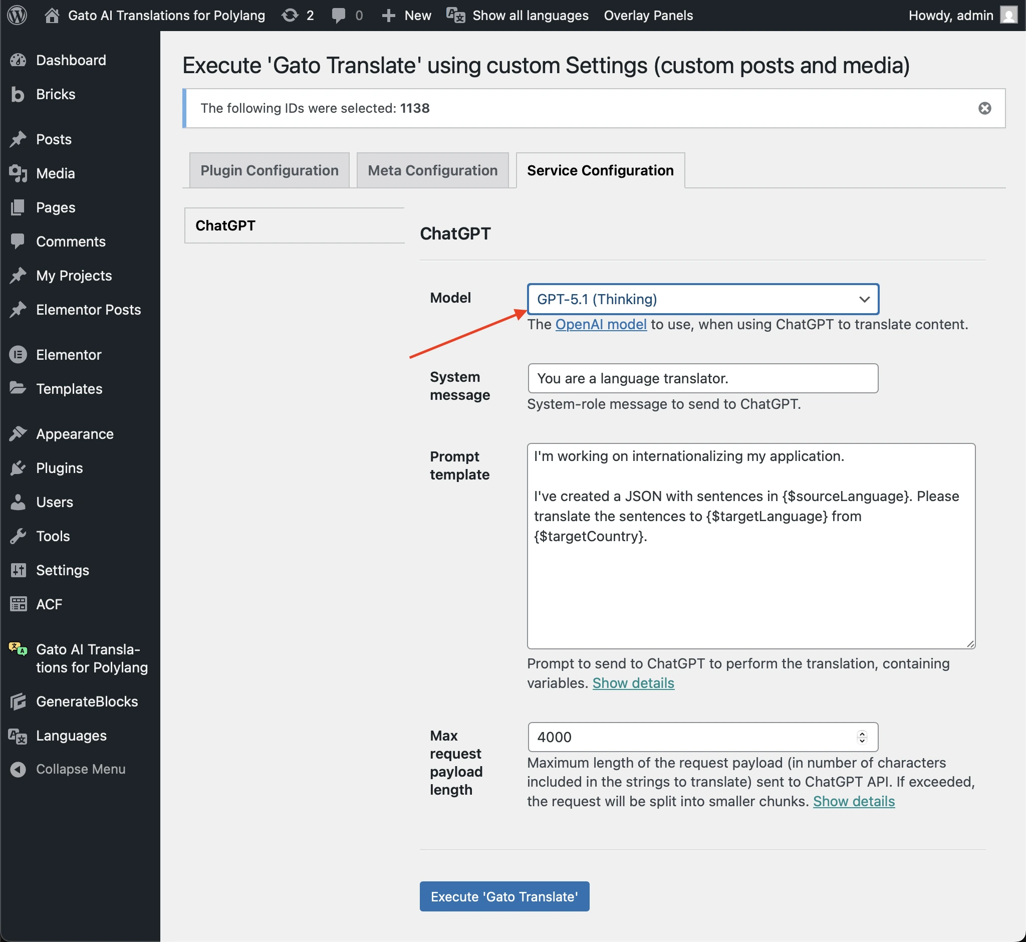 Switching to the 'ChatGPT-5.1 (Thinking)' model