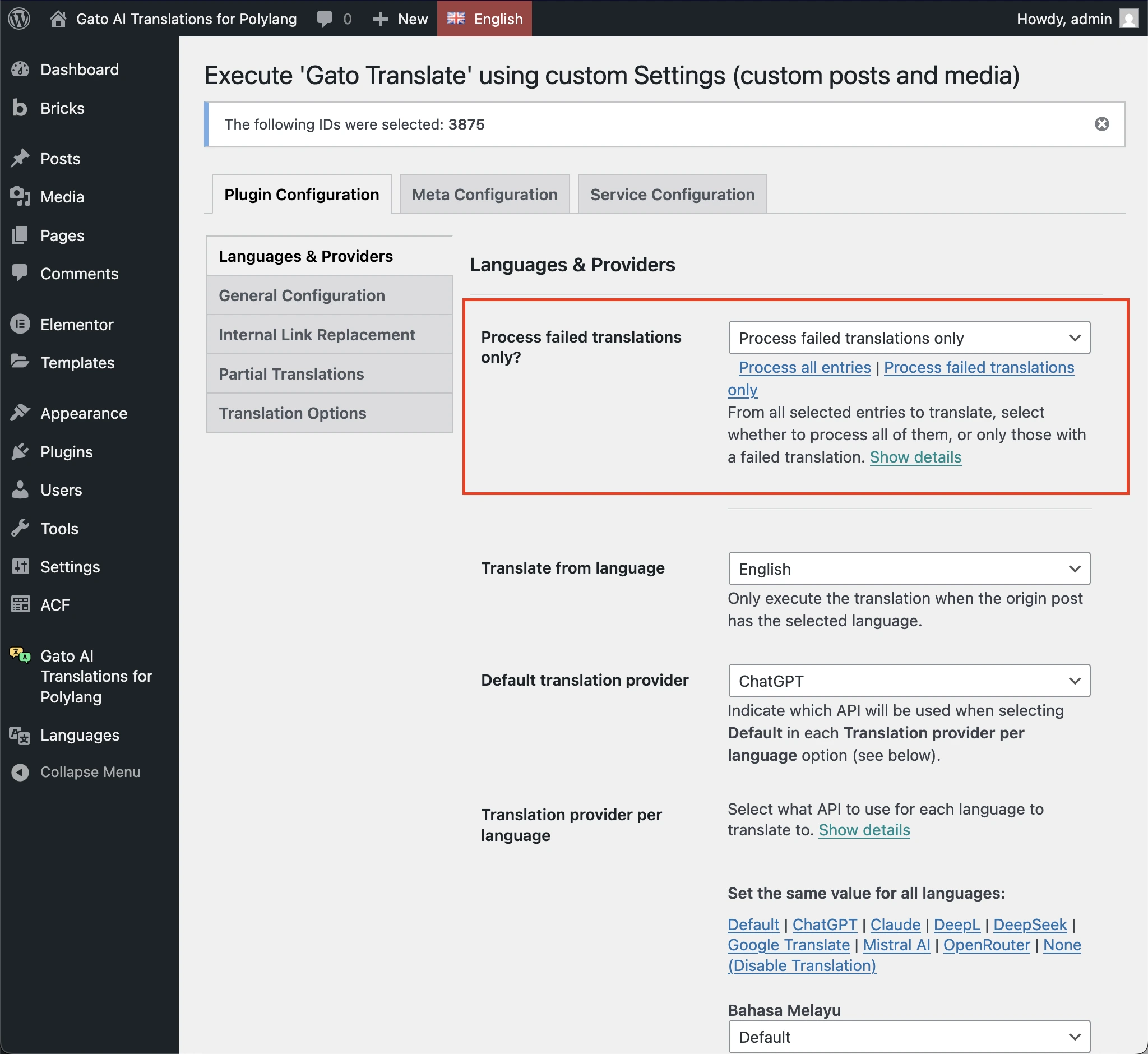 Selecting the 'Process failed translations only' option in the 'Gato Translate (Custom)' Settings page