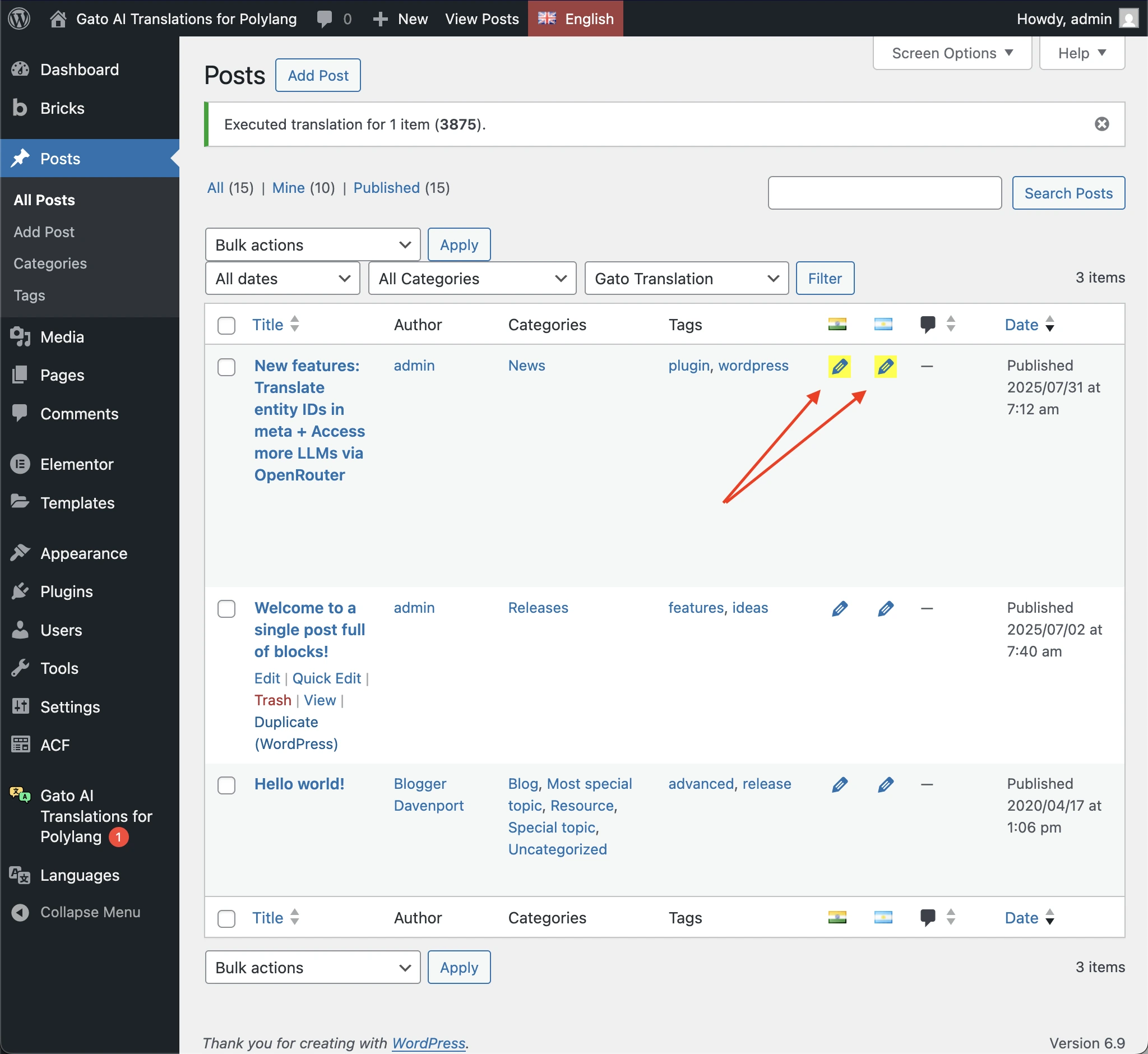 Yellow background on Polylang edit icon for failed translations