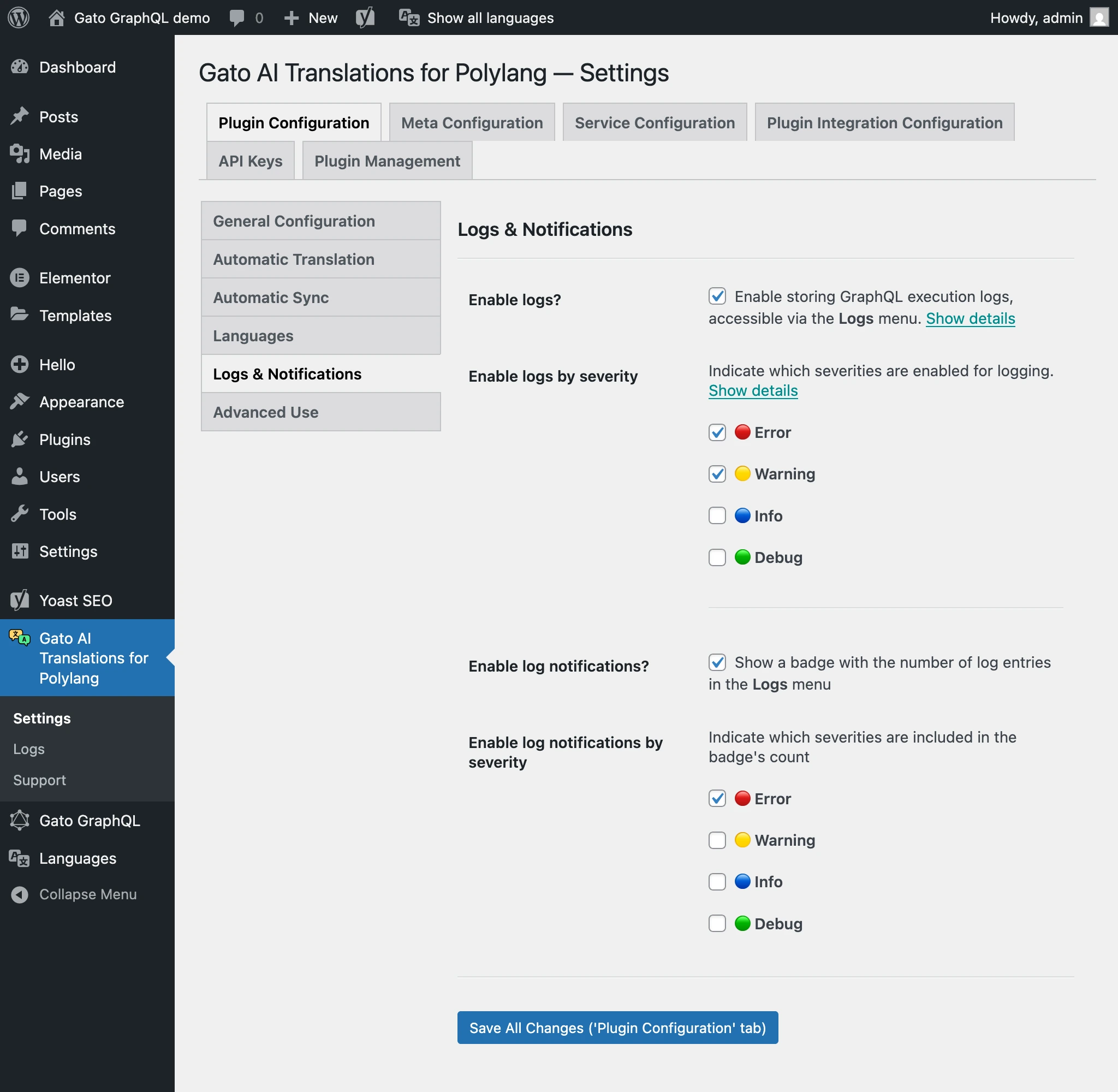 Logs & Notifications settings