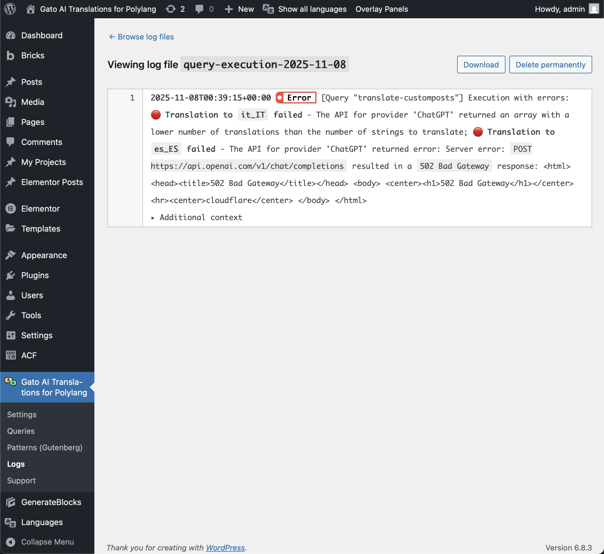 Translation failed for Italian and Spanish languages