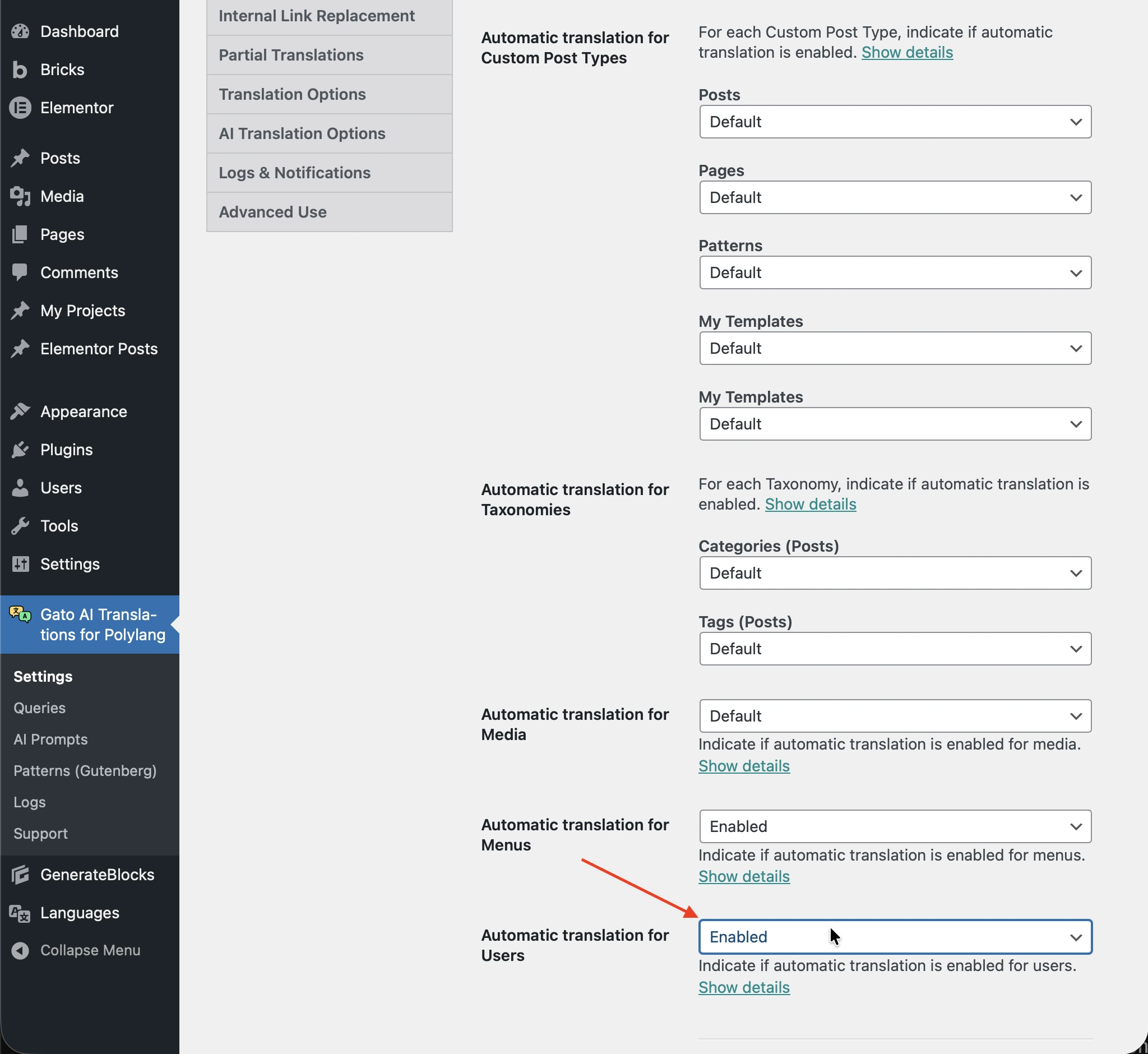 Enabling automatic translation for users