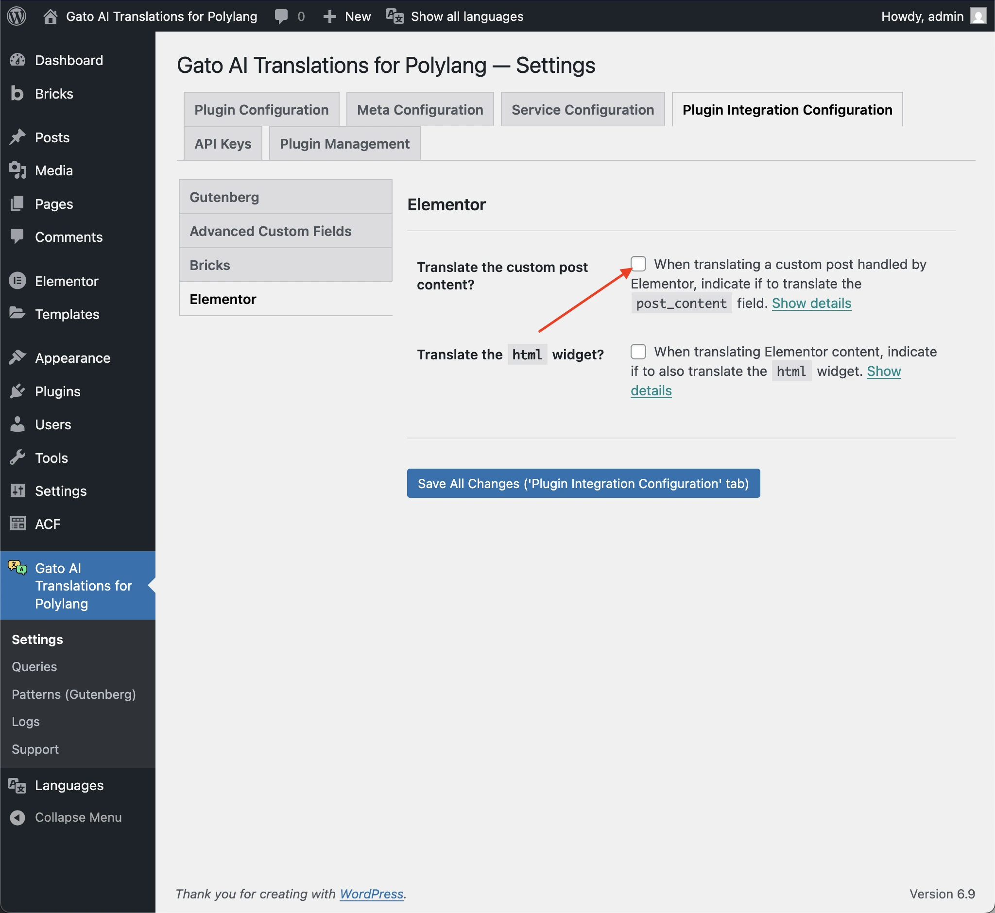 Disabling the 'Translate content' option for Elementor