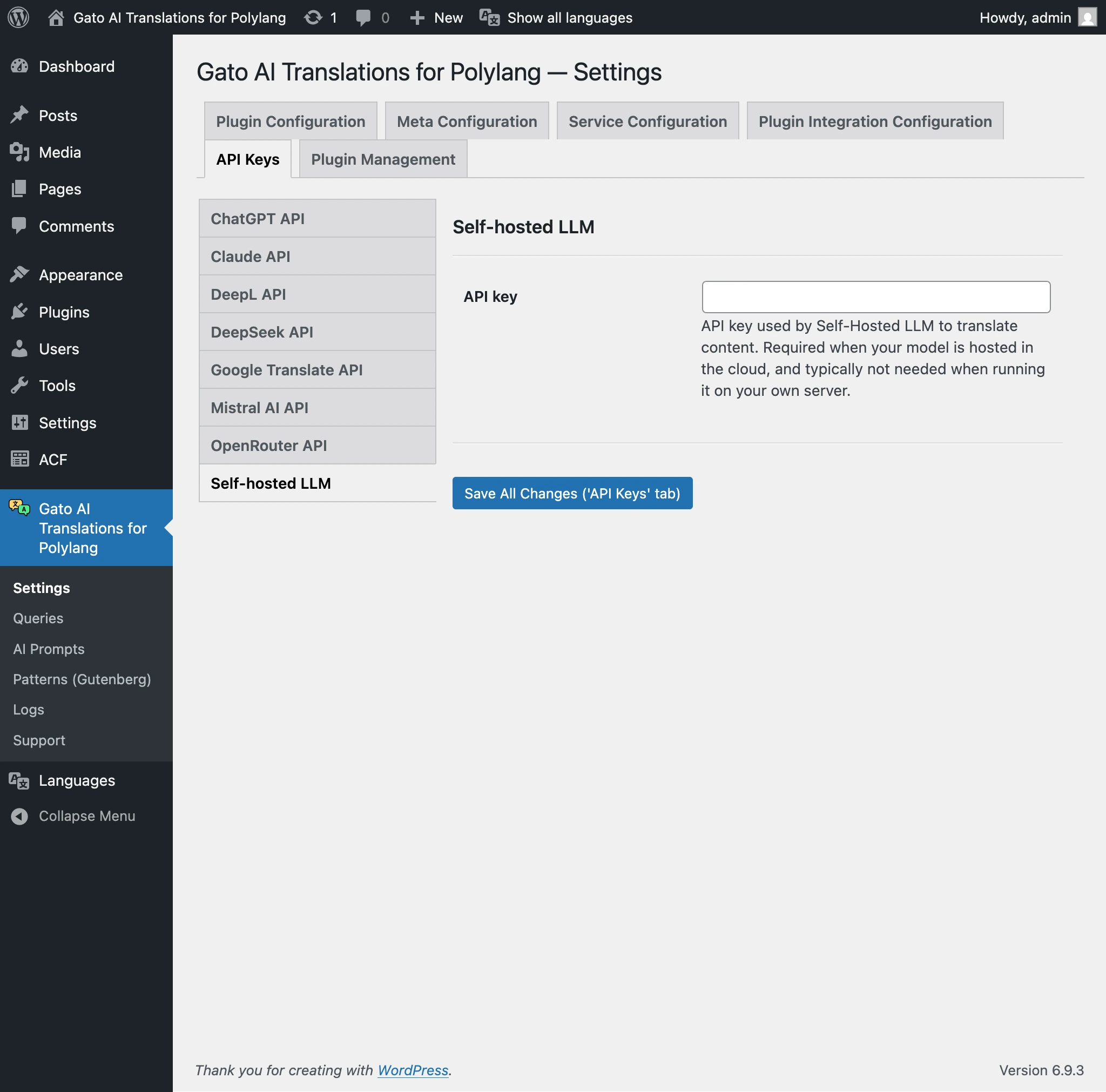 Providing the API key for a self-hosted LLM in the Settings