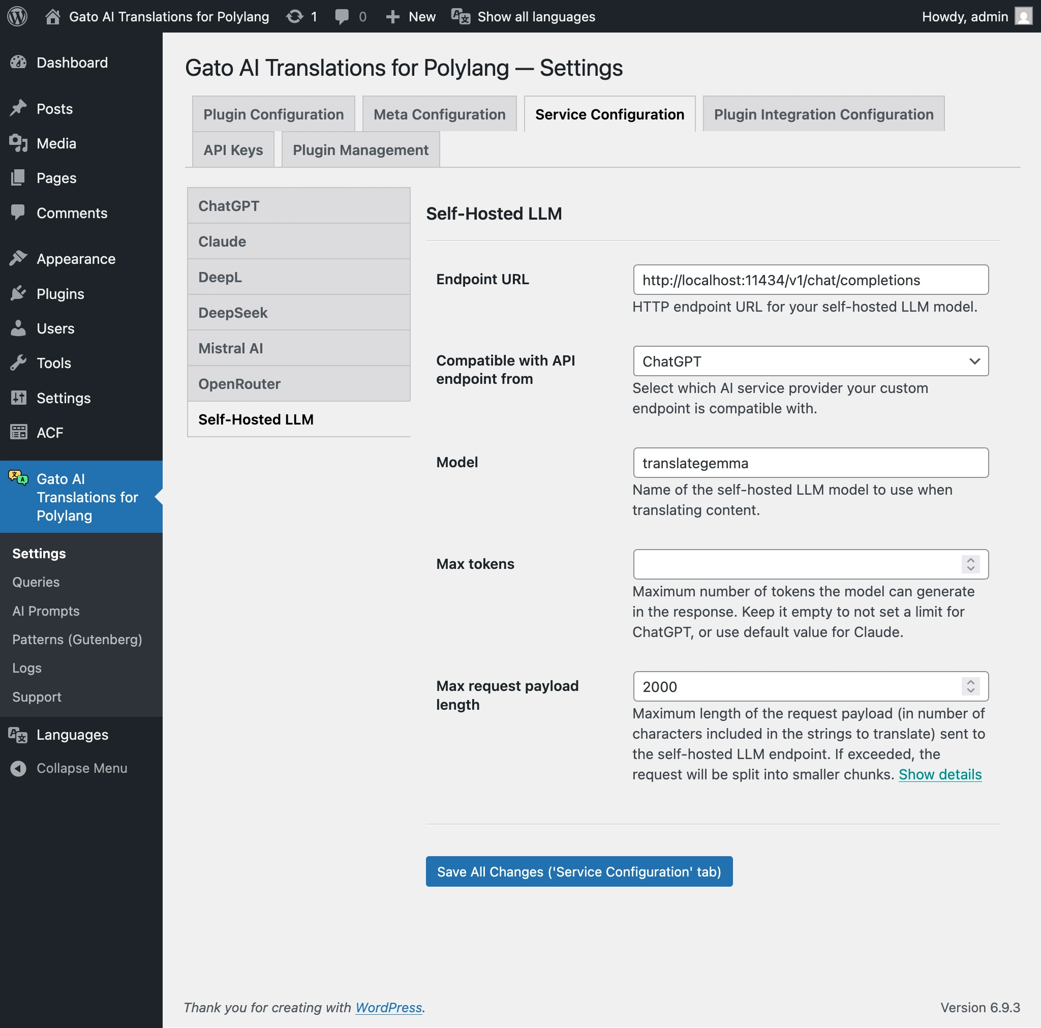 Configuring a self-hosted LLM in the Settings