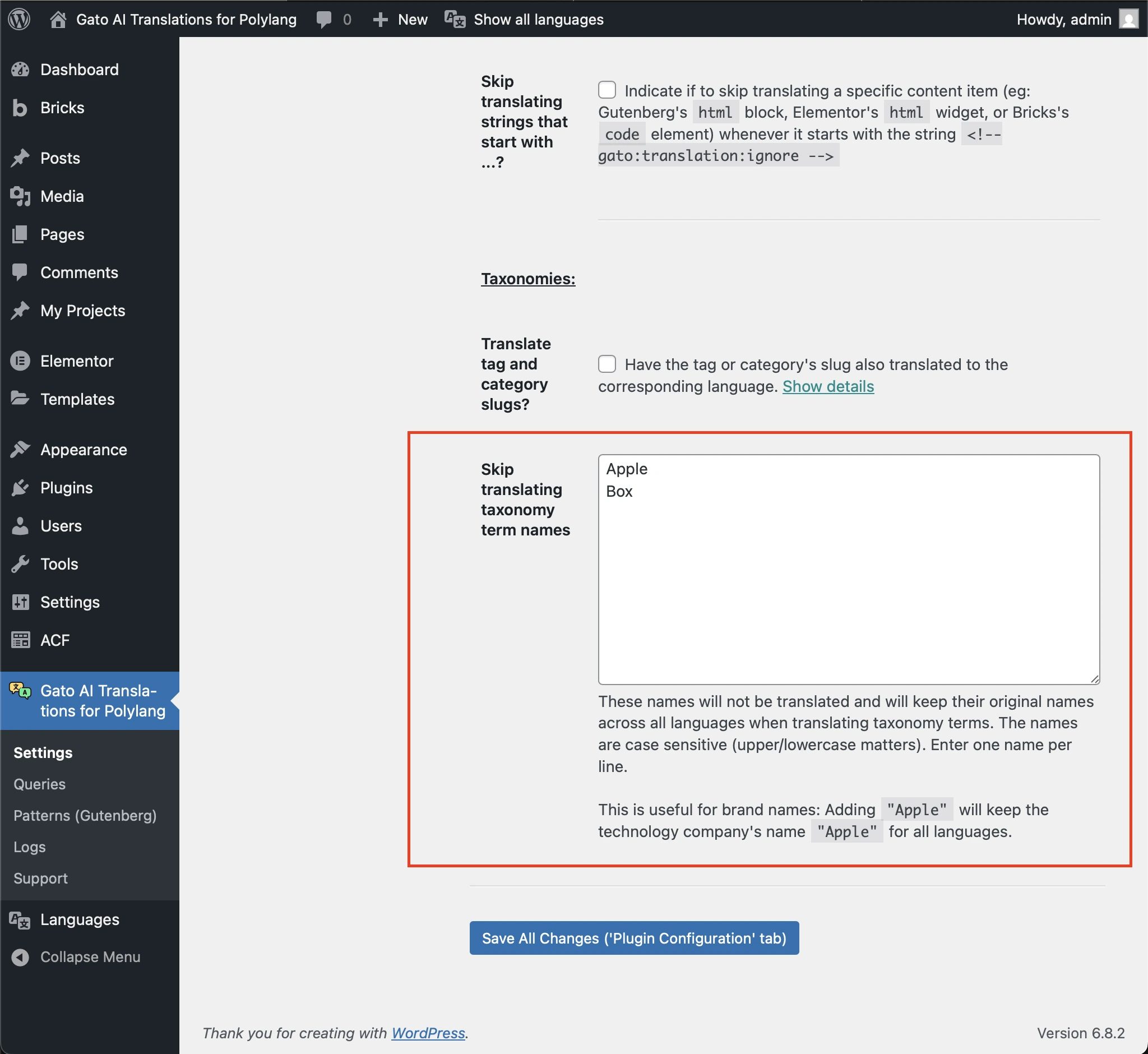 Skipping translating taxonomy term names in the Settings