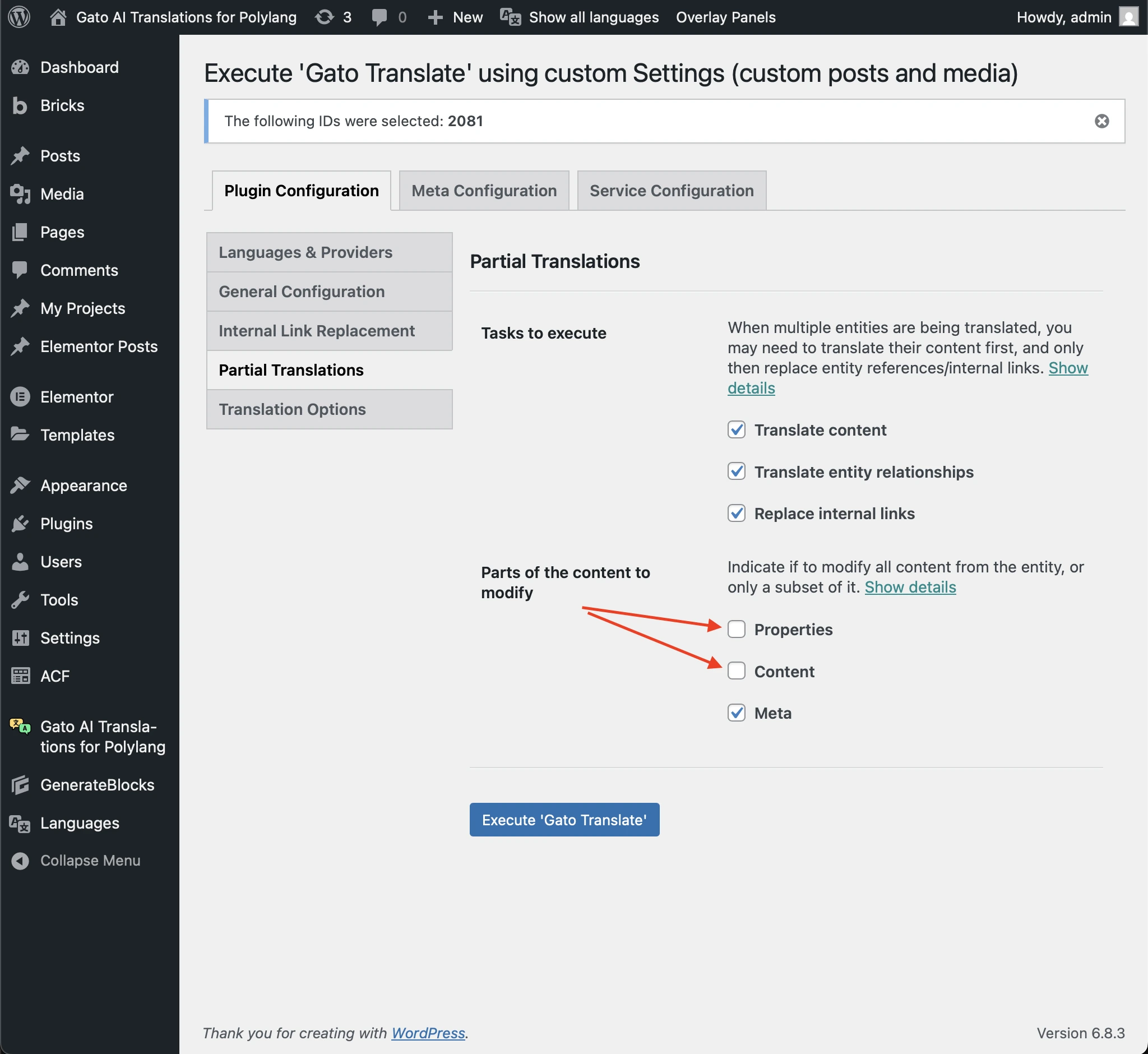 Selecting only the meta for translation