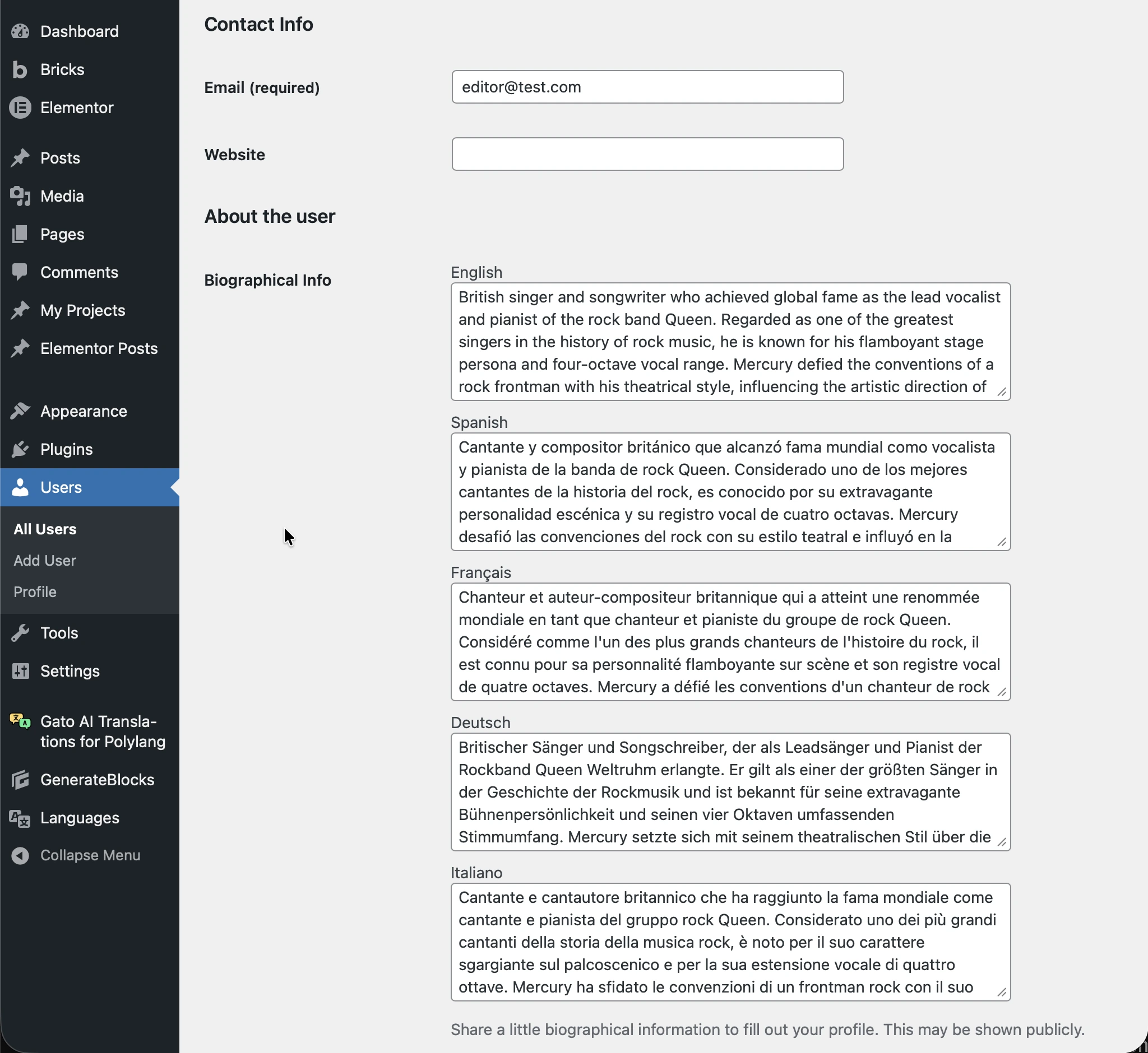 User profile with translated description