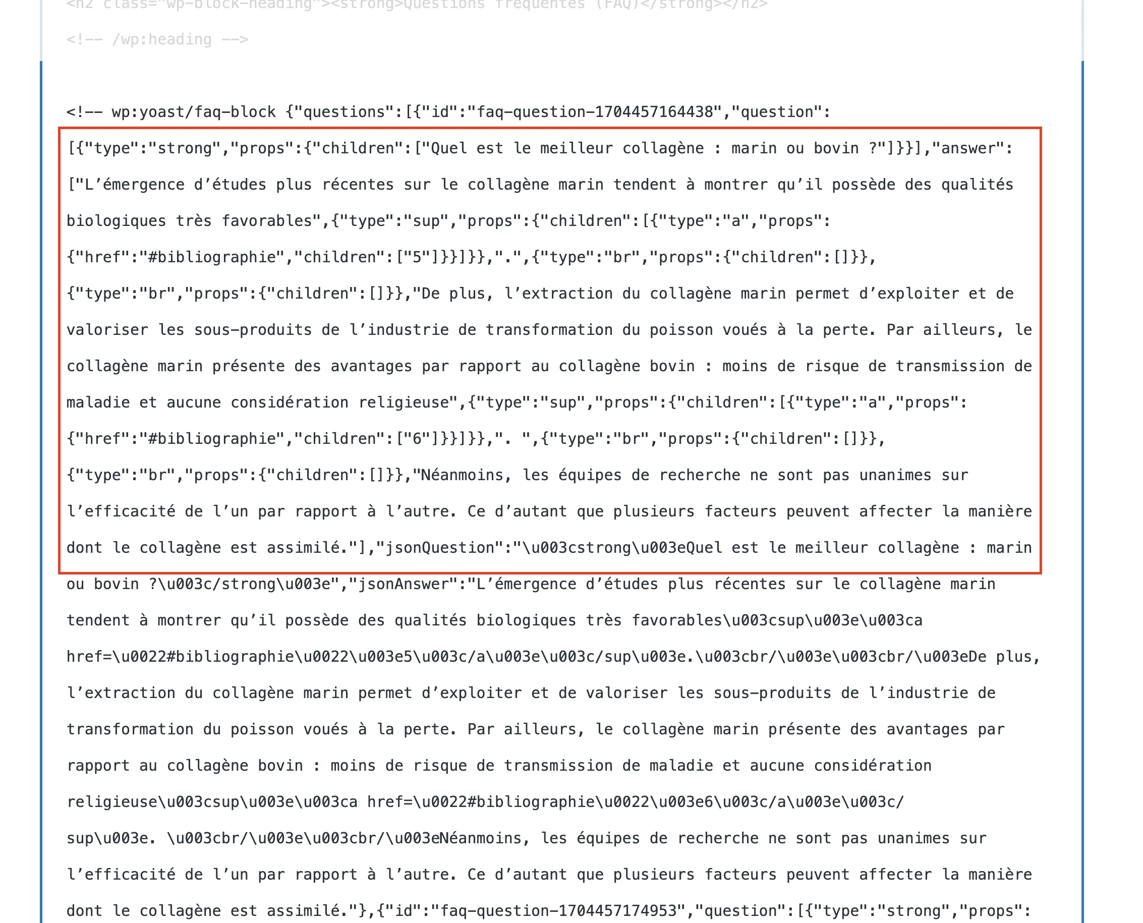 Code for Yoast FAQ block with HTML tags