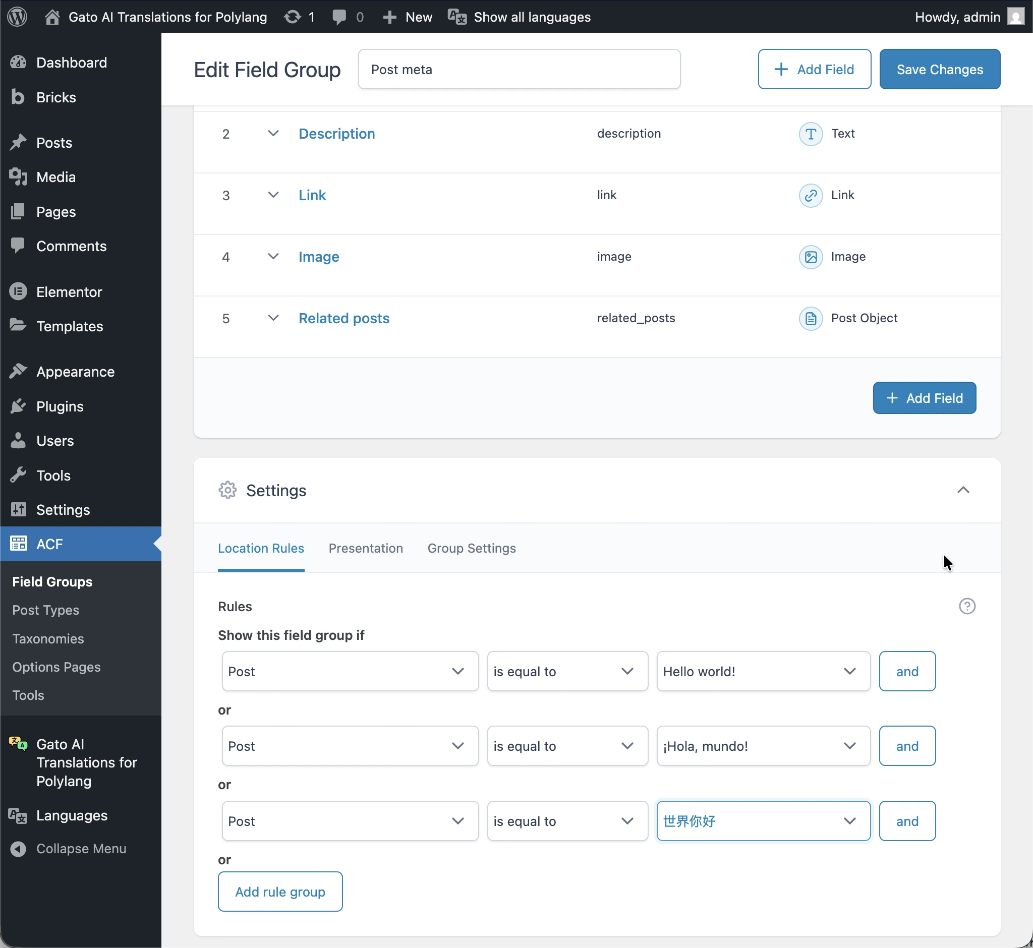 ACF field group after adding translations