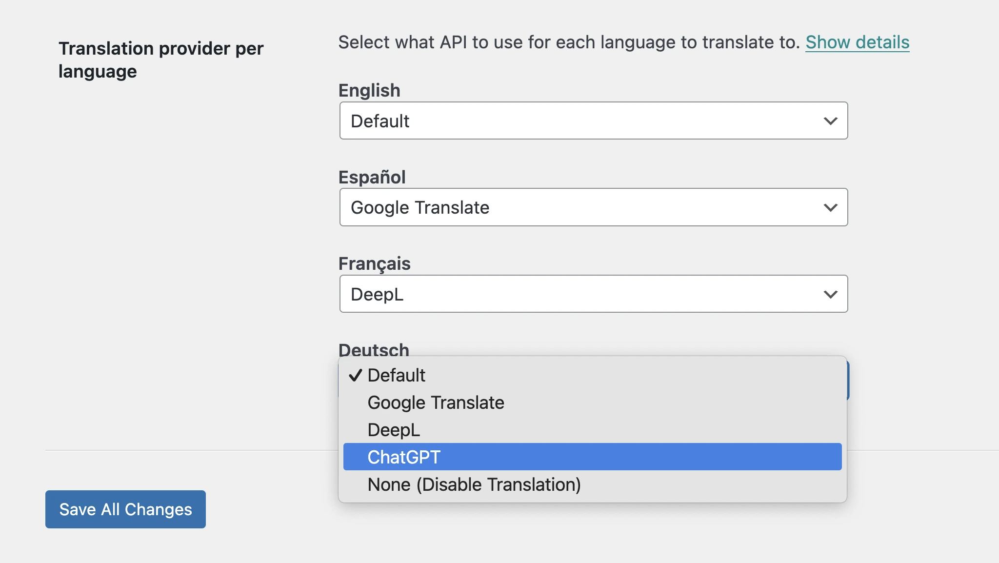 Select the translation API for each language