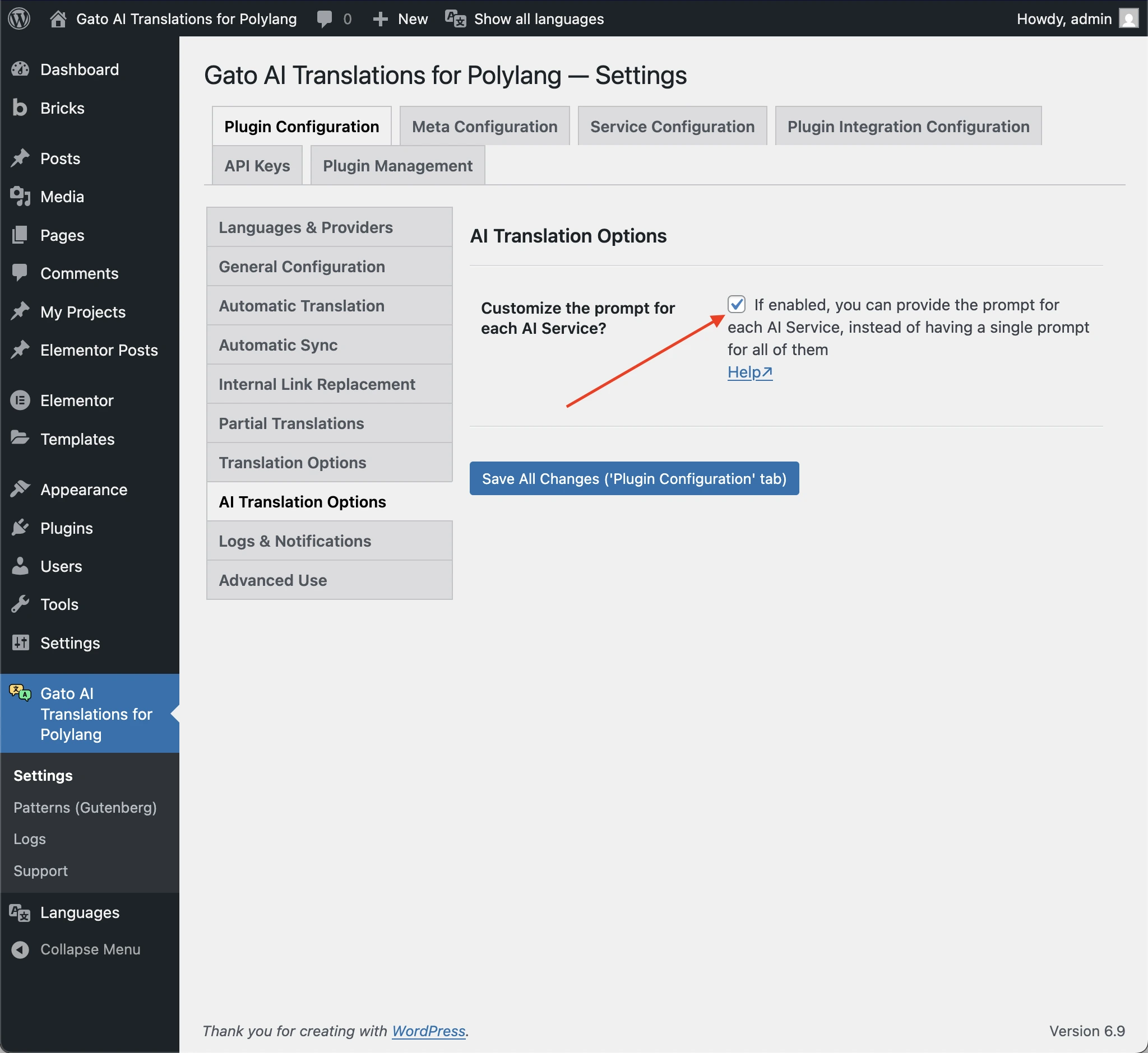 Checking if to customize the prompt for each AI service in the Settings